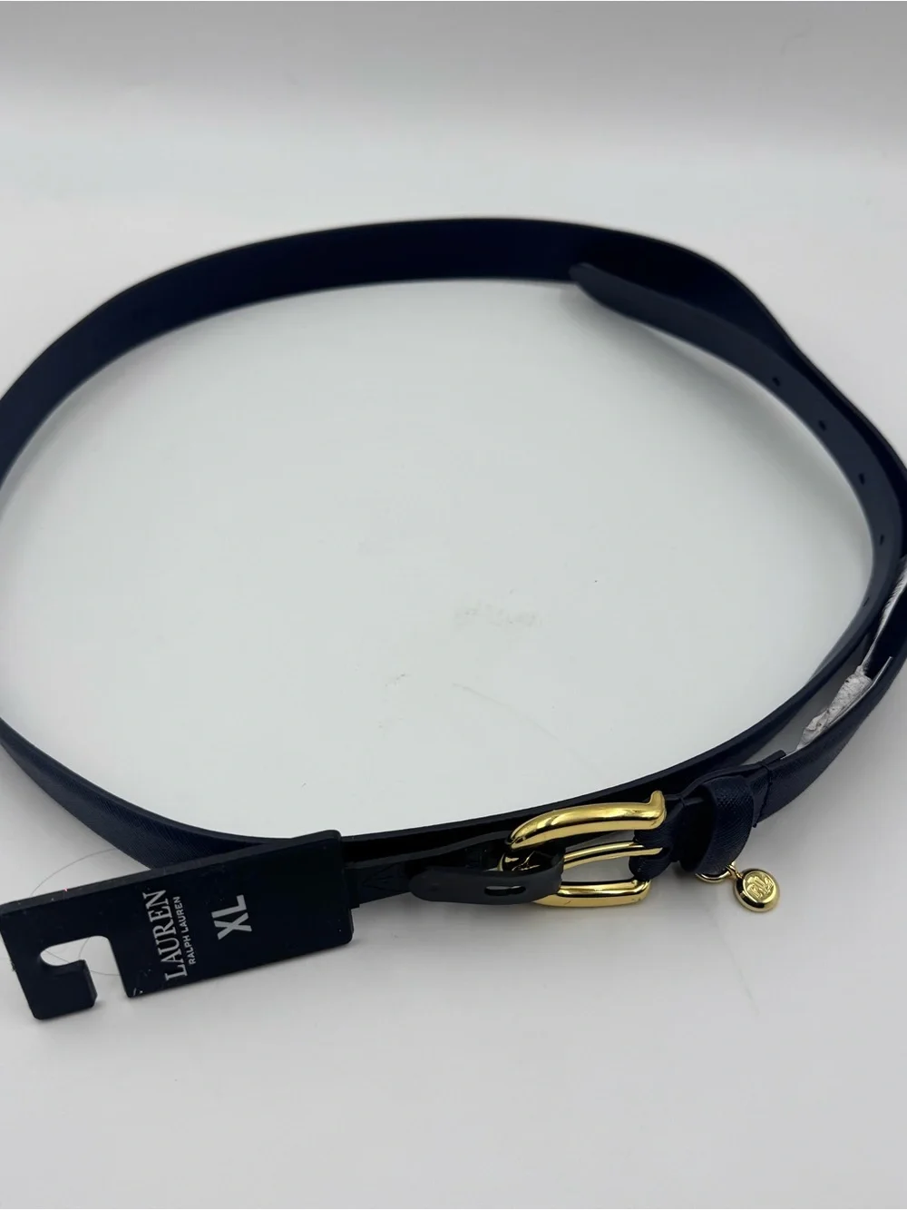 Ralph Lauren Sz XL Women's Charm Crosshatch Leather Belt Lauren Navy 1” Wide